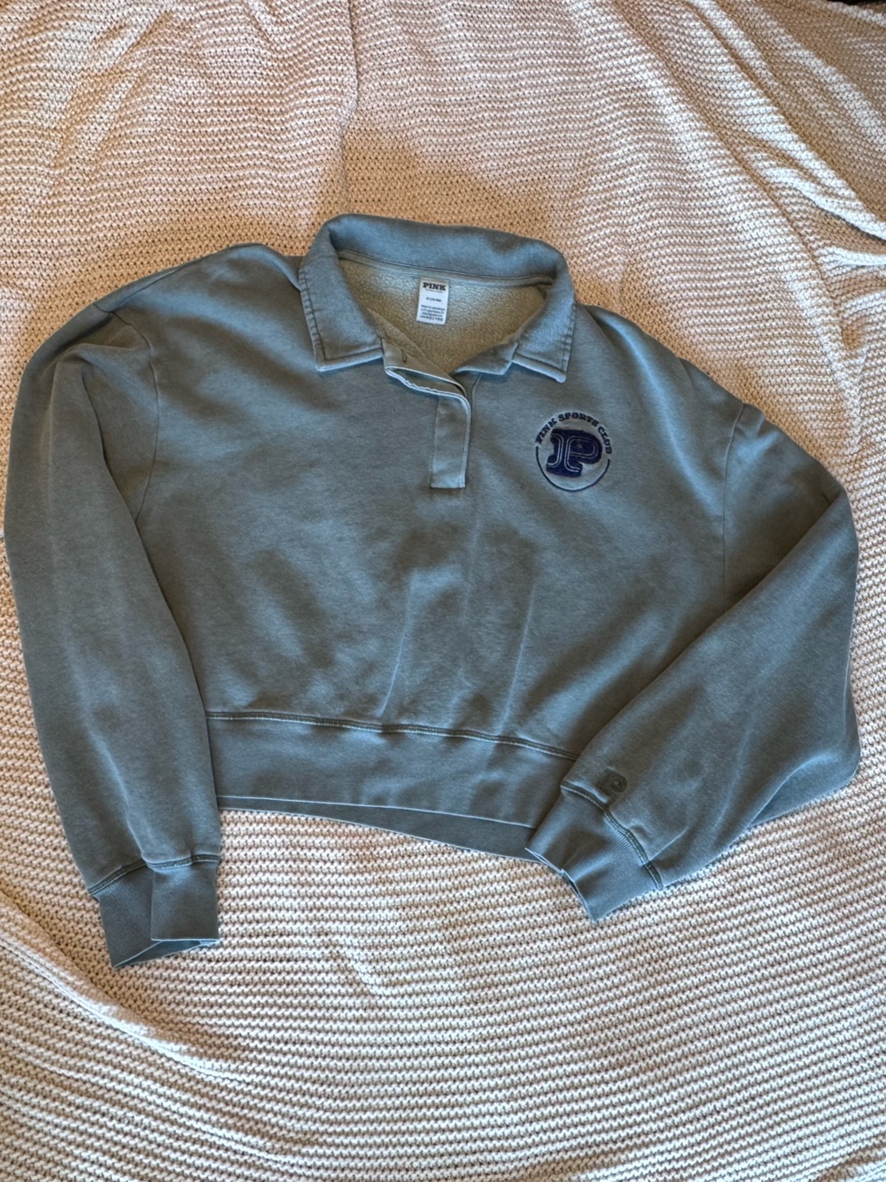 PINK Victoria's Secret Washed Sage Green Collared Cropped Sweatshirt